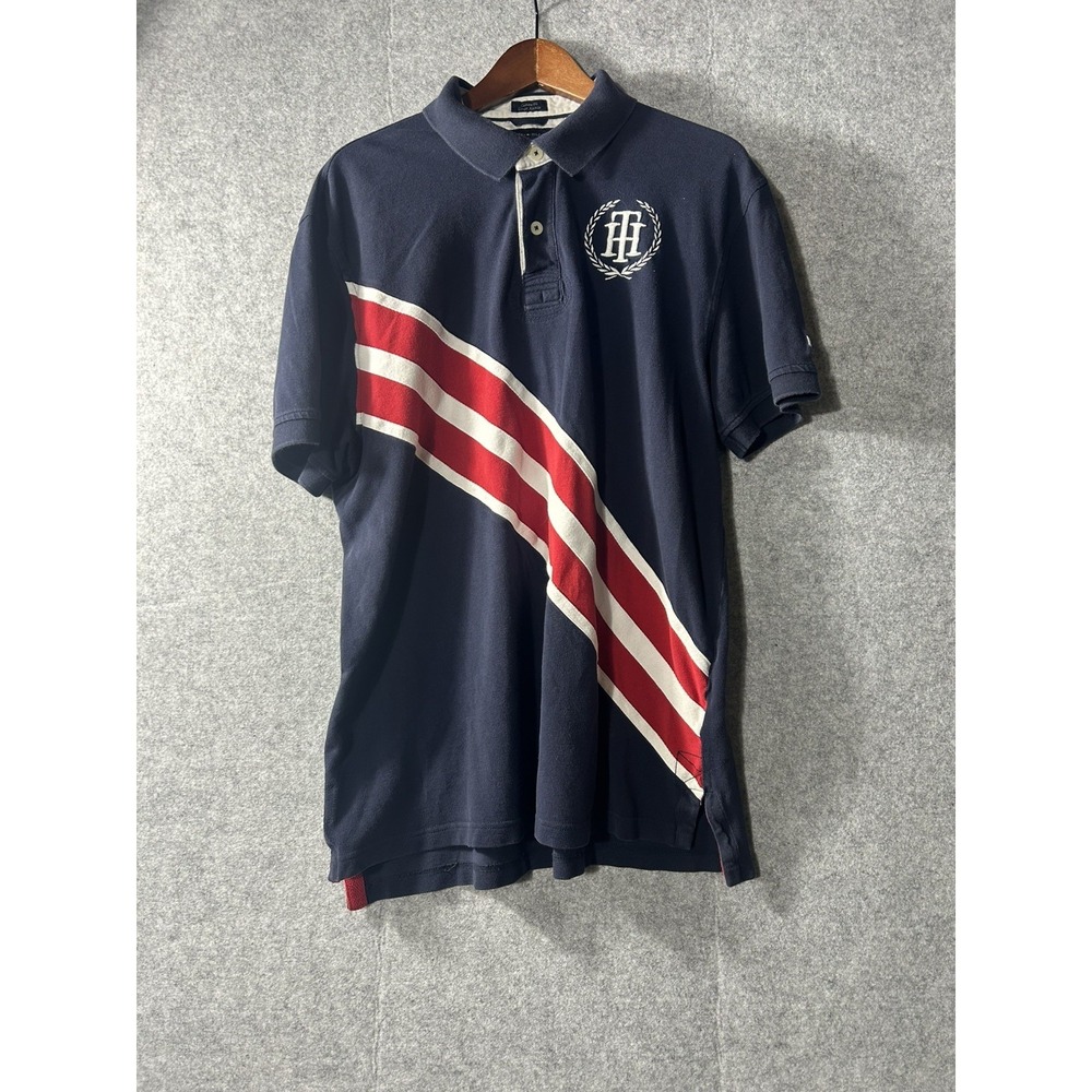 Tommy Hilfiger Custom Polo Shirt XL Navy Red White Diagonal Stripe Crest Logo